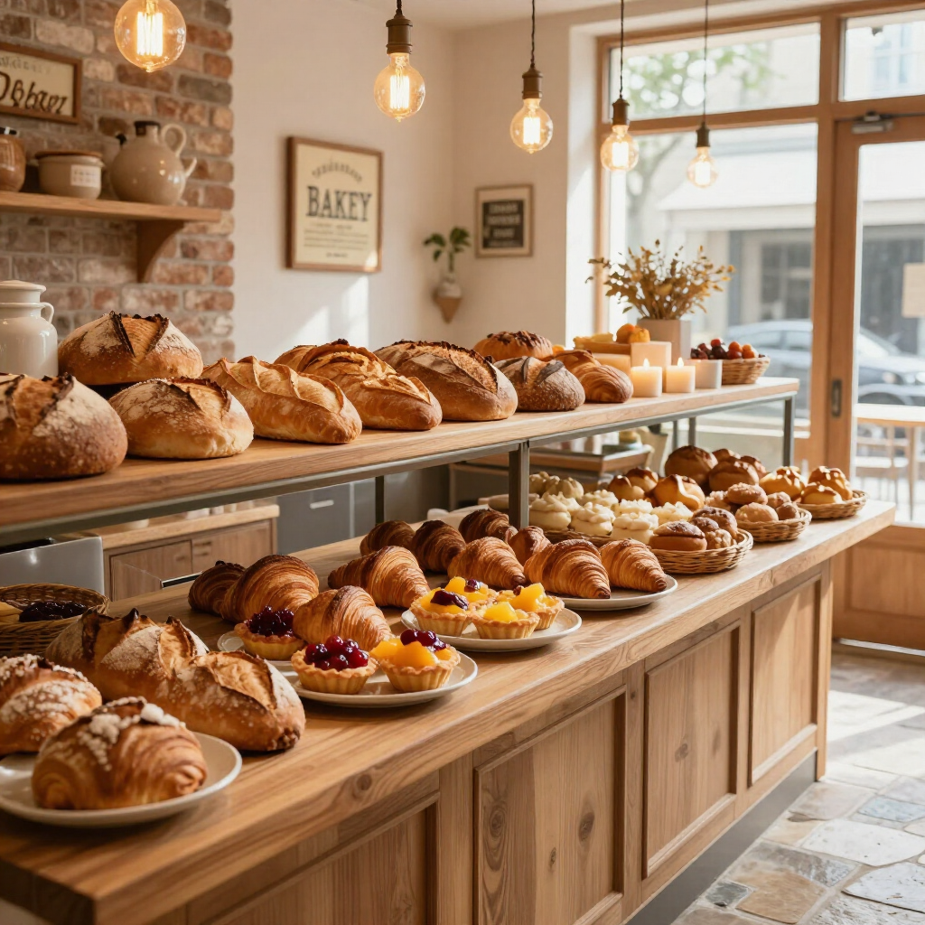 Vitrina de panadería con panes, pasteles y tartas recién hechos sobre mesas de madera en un cálido interior de la tienda.