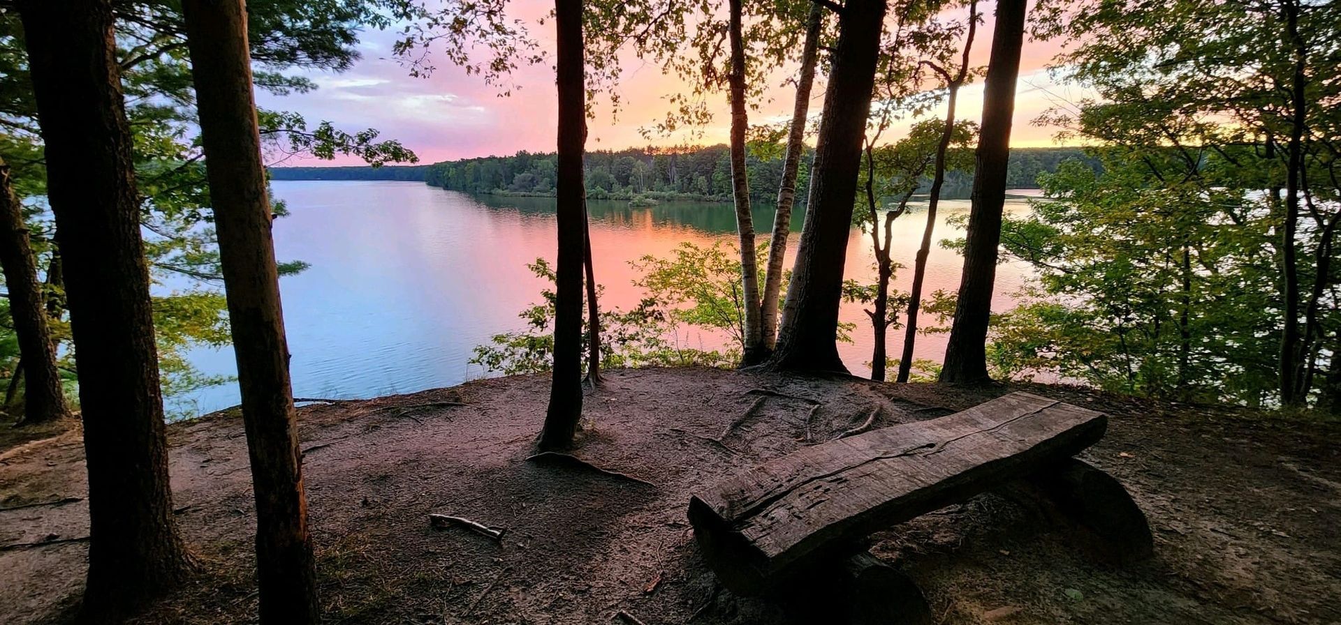 A picnic table in the woods overlooking a lake at sunset.