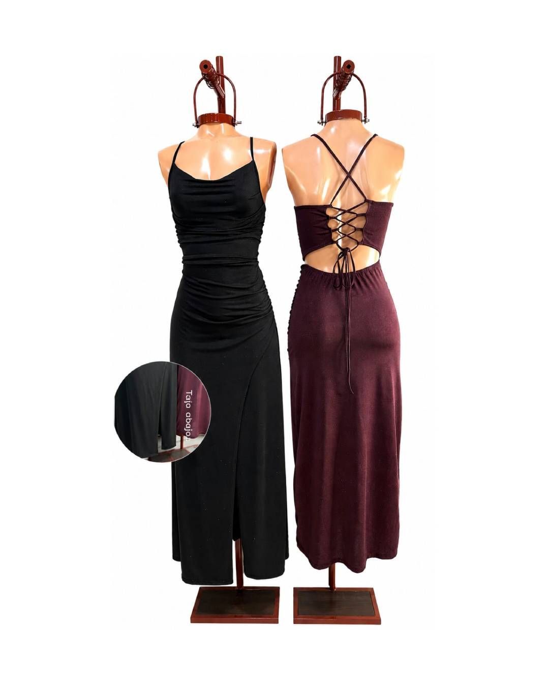Dos vestidos largos sin espalda, uno color burdeos y otro negro, exhibidos en maniquíes, vistas frontal y posterior.