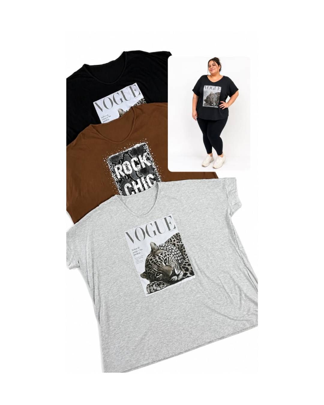 Tres camisetas estampadas: negra, marrón y gris, con una modelo que lleva la camiseta negra y pantalones negros.