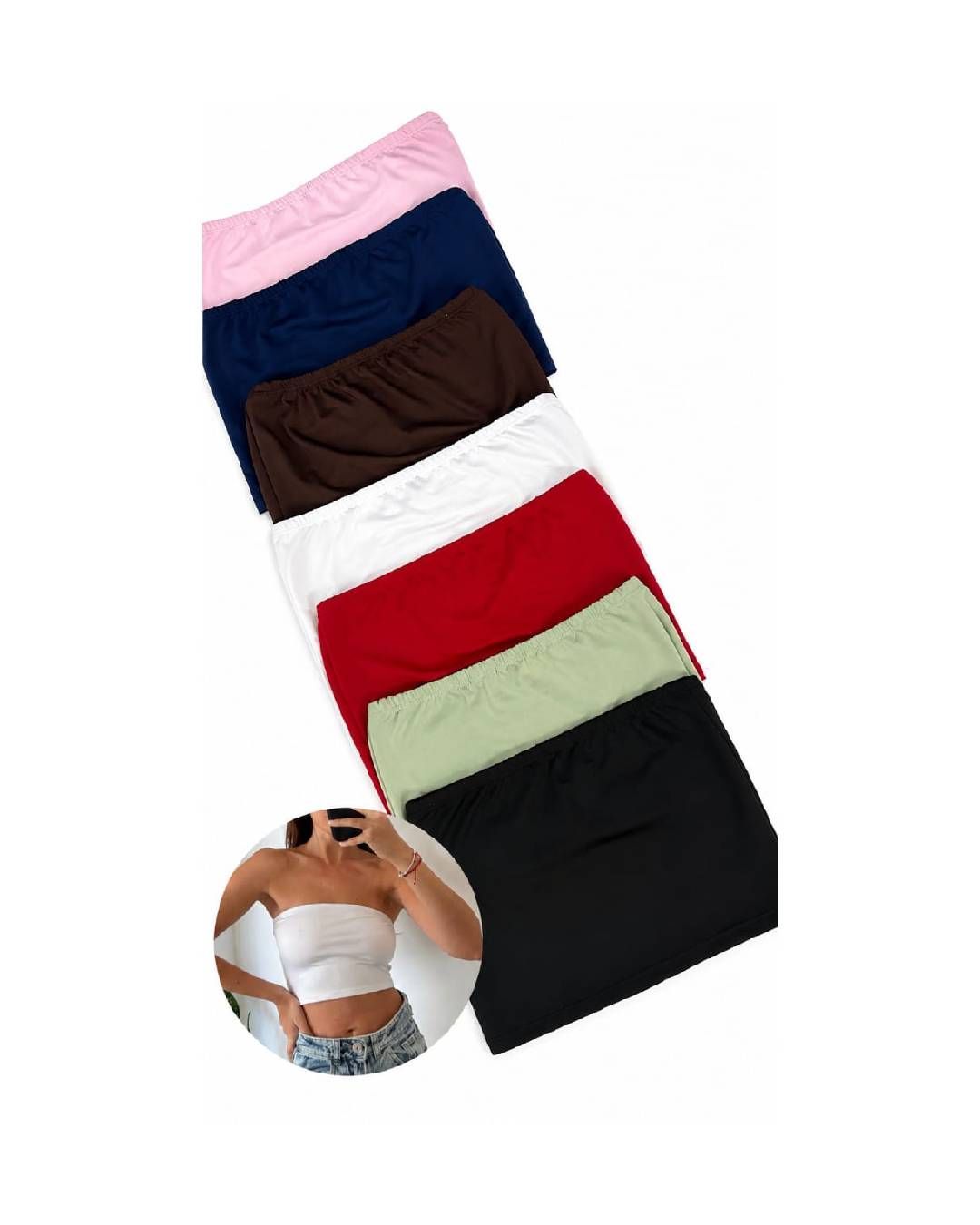 Ropa interior de talle alto multicolor apilada con una pequeña inserción que muestra el ajuste en un torso.
