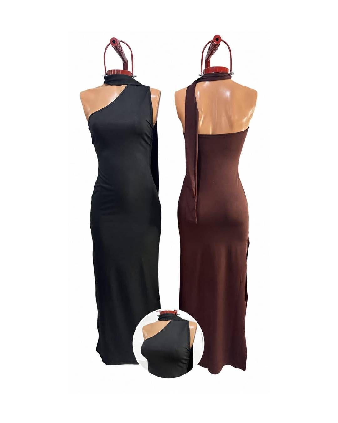 Dos vestidos largos asimétricos sin mangas, uno negro y otro marrón, mostrados desde la parte delantera y trasera.