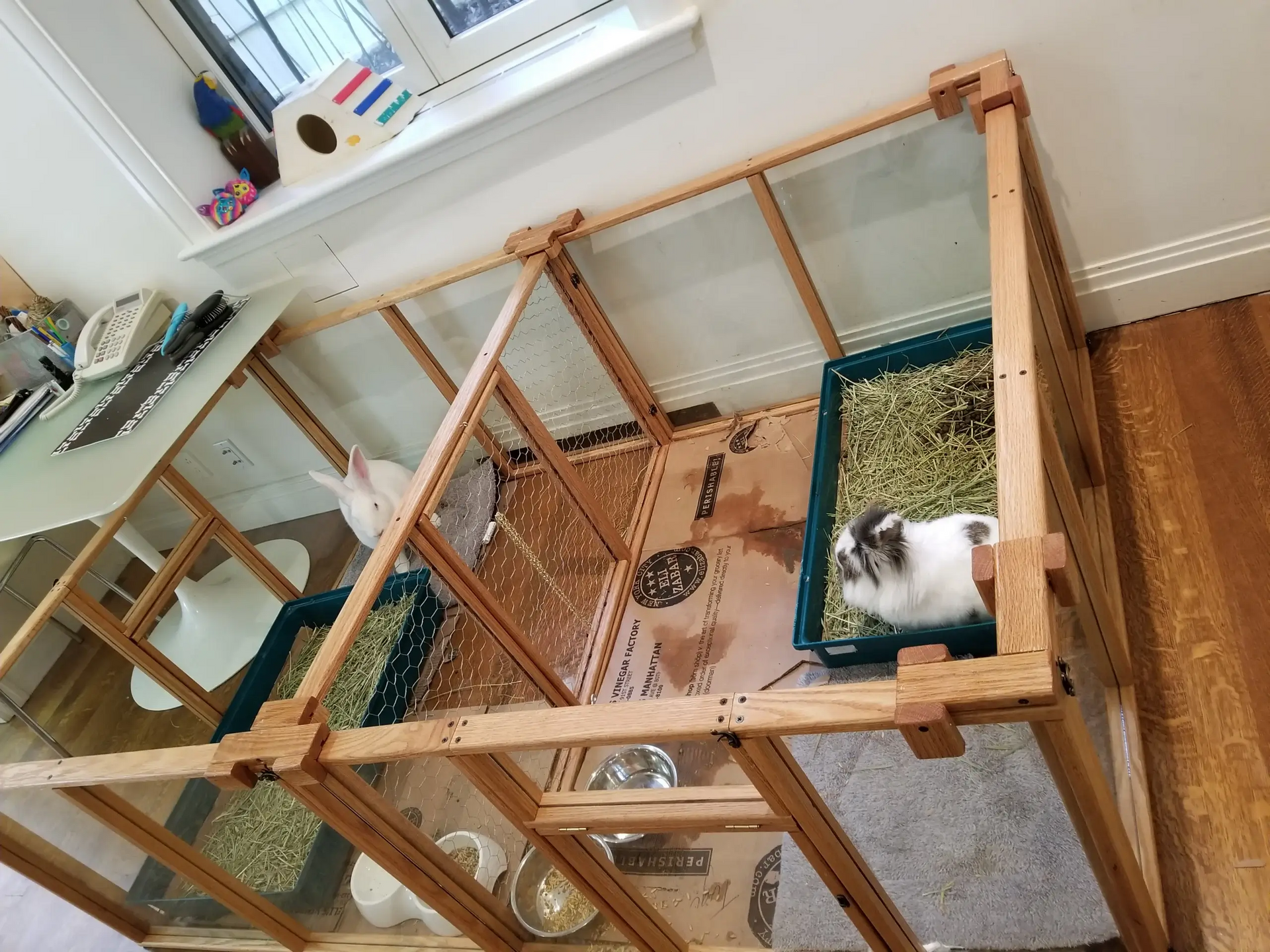 Two rabbits are sitting in a wooden cage.
