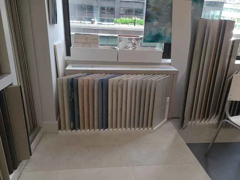 There are many different types of tiles on display in this room.