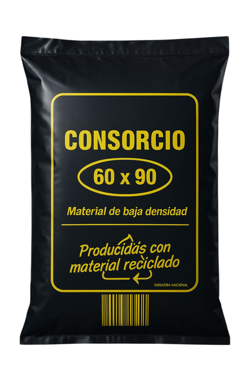 Black garbage bag with yellow text. Reads 