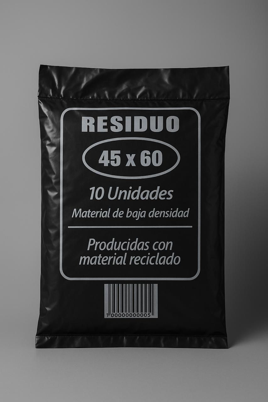 Black trash bag packaging with white text: 