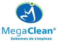 Logotipo de MegaClean: Óvalo azul con una persona fregando, borde verde, texto azul 