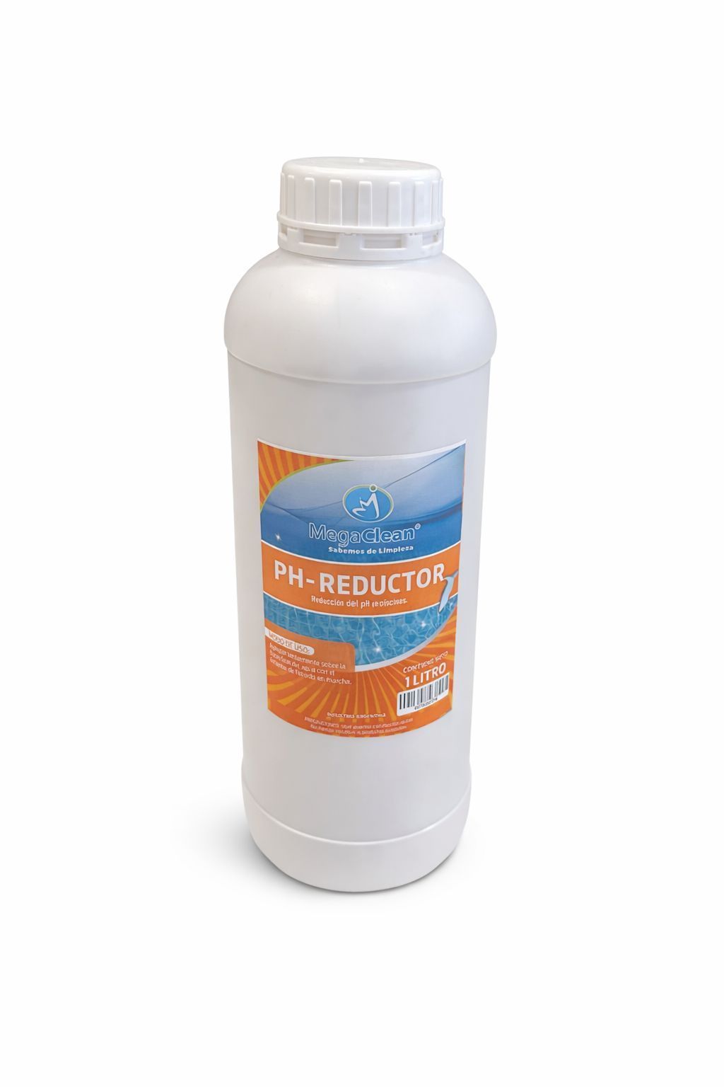 Botella blanca con etiqueta naranja y azul sobre un fondo liso.