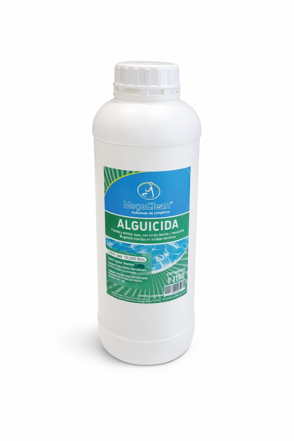 Botella blanca de alguicida con etiqueta azul verdosa sobre un fondo liso.