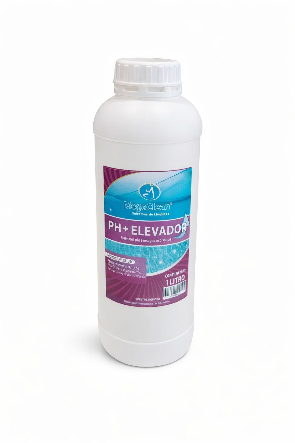 Botella de plástico blanca con una etiqueta morada y azul sobre un fondo blanco liso.