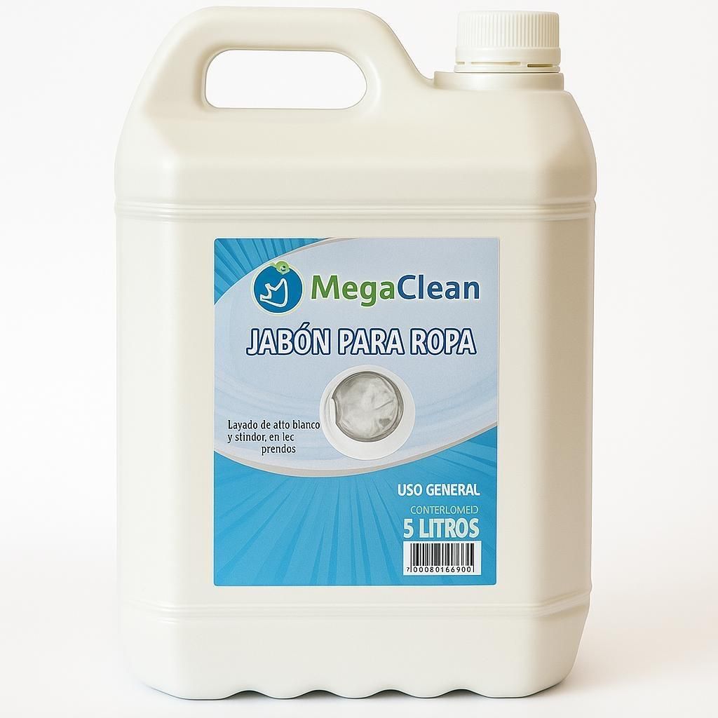 Botella de detergente líquido para ropa MegaClean, blanca con etiqueta y asa azules, 5 litros.