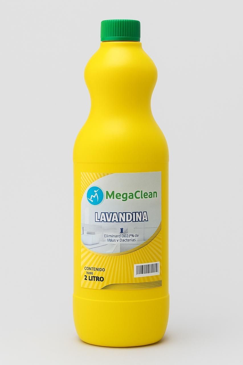 Botella amarilla de detergente para ropa MegaClean con tapa verde sobre fondo claro