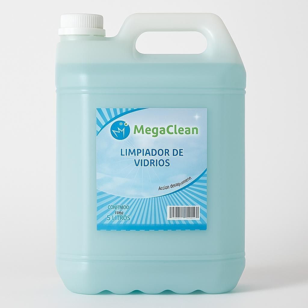 Jarra de limpiacristales MegaClean de color azul claro con asa y etiqueta sobre fondo blanco.