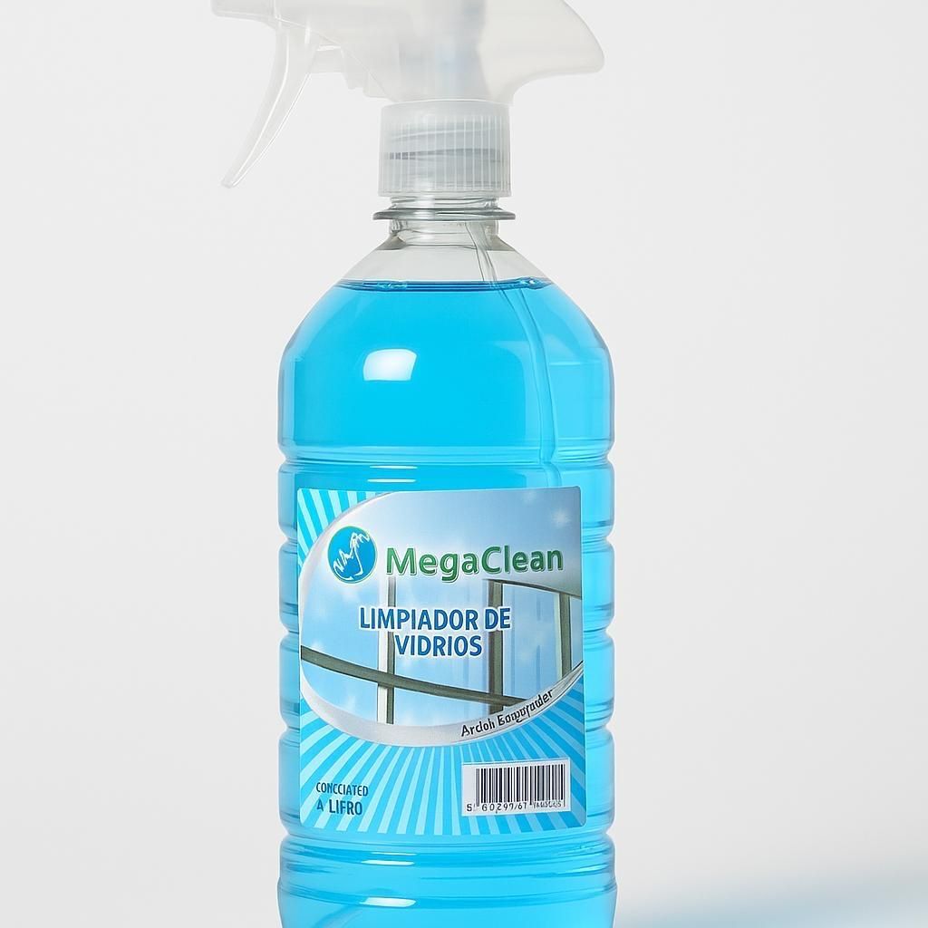Botella azul de spray de limpiador de cristales MegaClean con gatillo blanco sobre fondo liso.