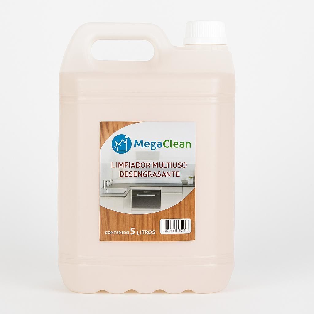 Gran jarra beige de detergente líquido MegaClean con asa y tapón blanco sobre fondo blanco.