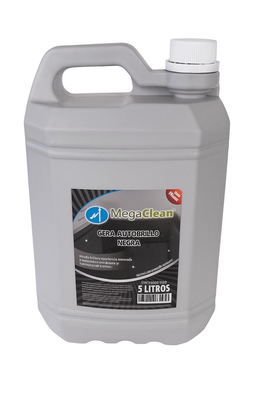 Jarra de plástico gris con asa y tapa blanca, etiquetada para solución de limpieza.