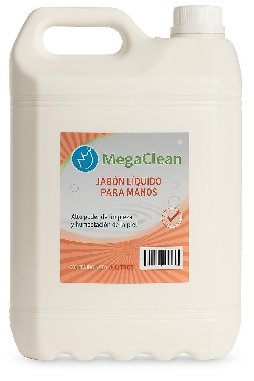 Botella de plástico blanco de jabón líquido para manos MegaClean con asa y etiqueta naranja.