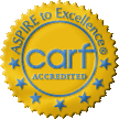 A yellow and blue seal that says aspire to excellence carf accredited