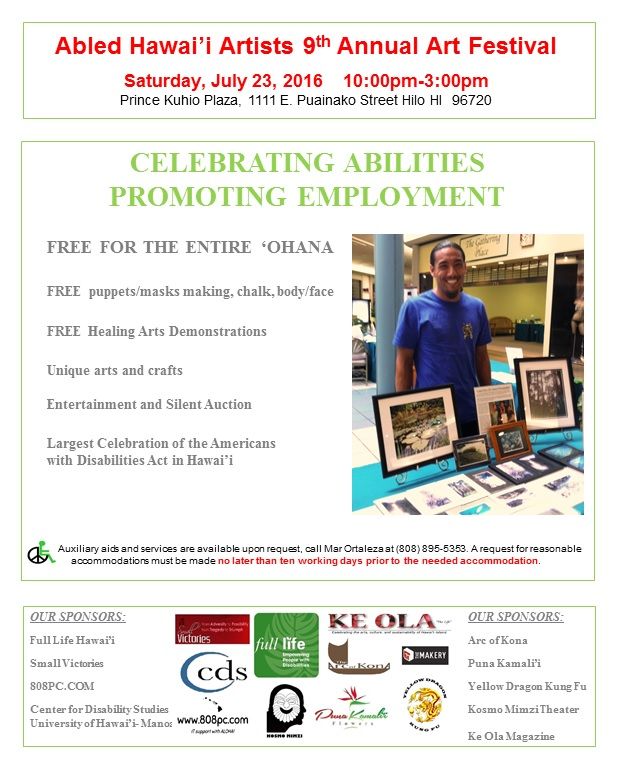 A poster for the abled hawaii artists 9th annual art festival celebrating abilities promoting employment