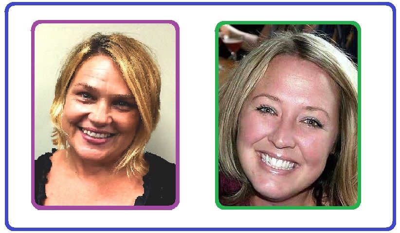 Two women are smiling for the camera in purple and green frames.