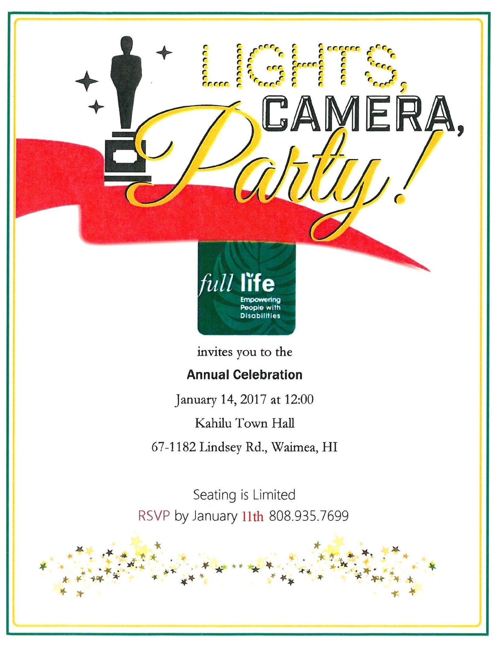A poster for a lights , camera , party.