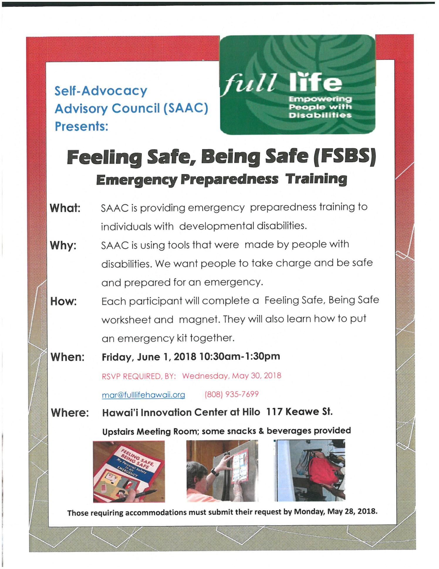 A flyer for a feeling safe , being safe emergency preparedness training.