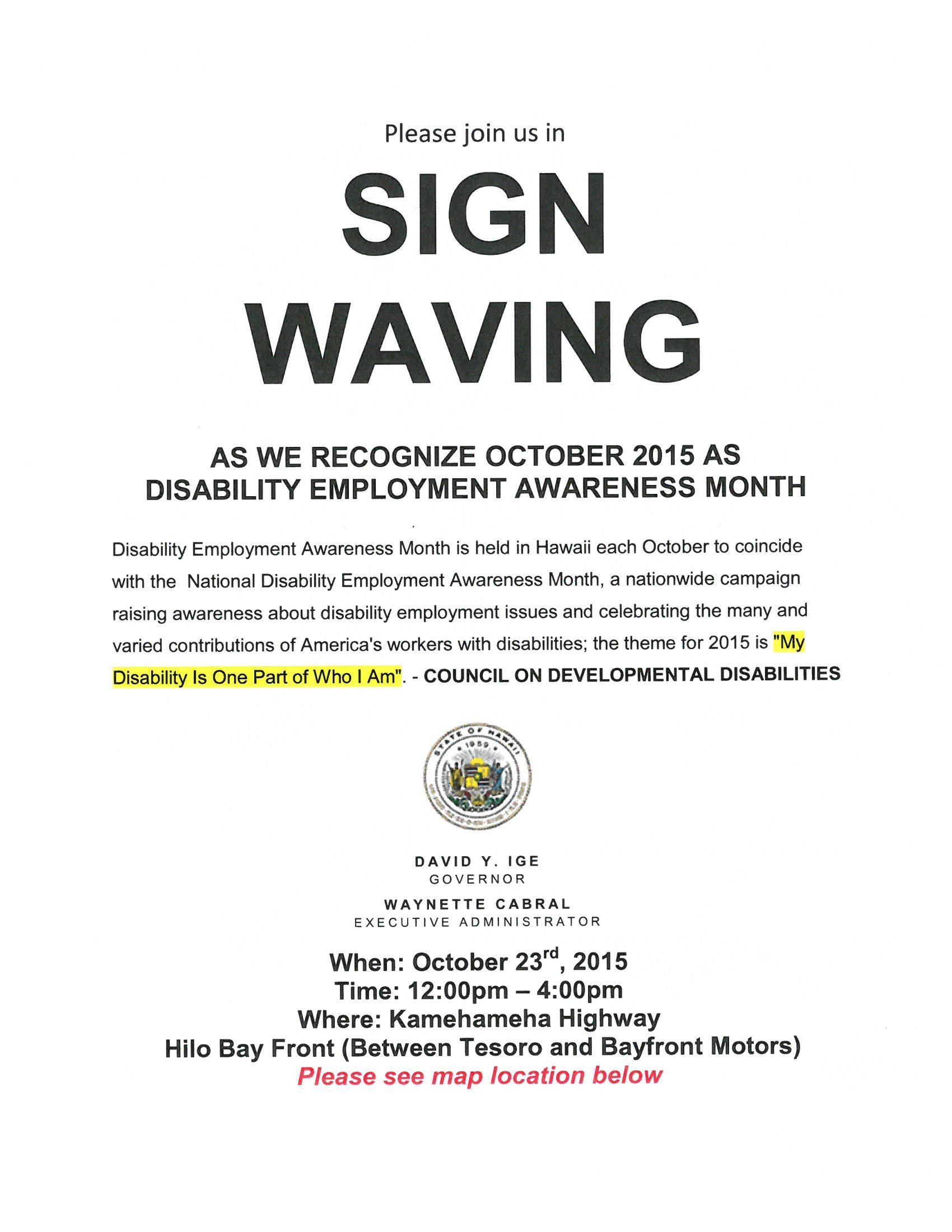 A sign waving poster for disability employment awareness month.