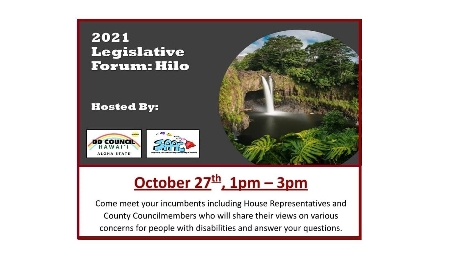 A poster for the 2021 legislative forum in hilo