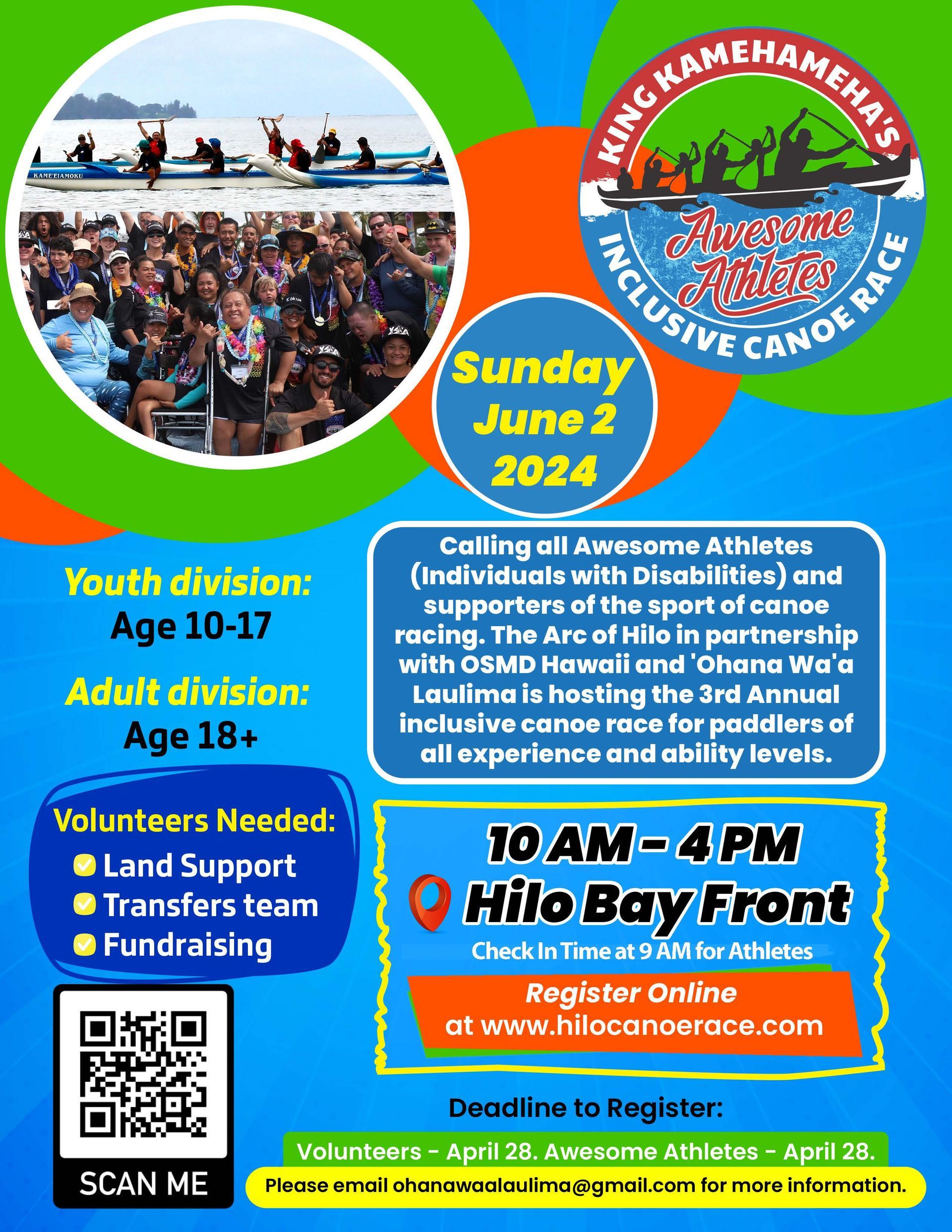 Colorful event flyer for the 2024 Hilo Bay Front community canoe event with date, times, and registration details