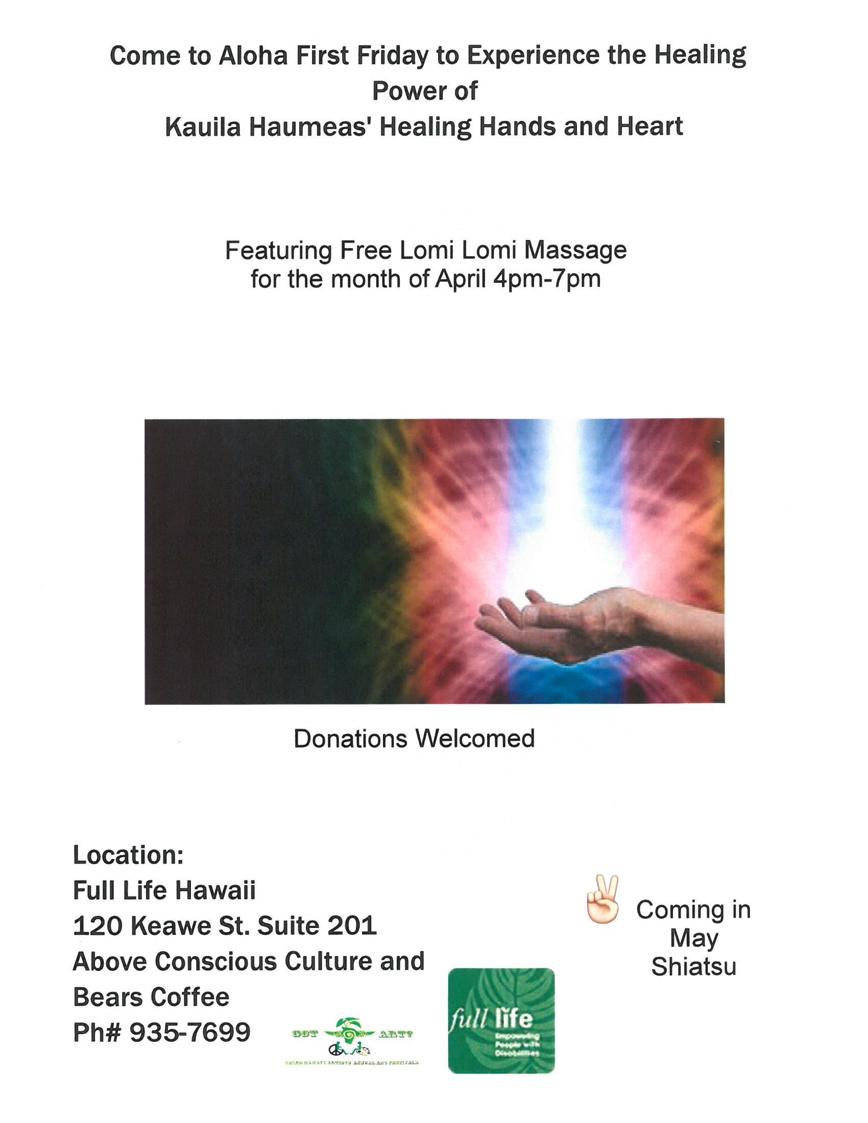 A poster that says come to aloha first friday to experience the healing