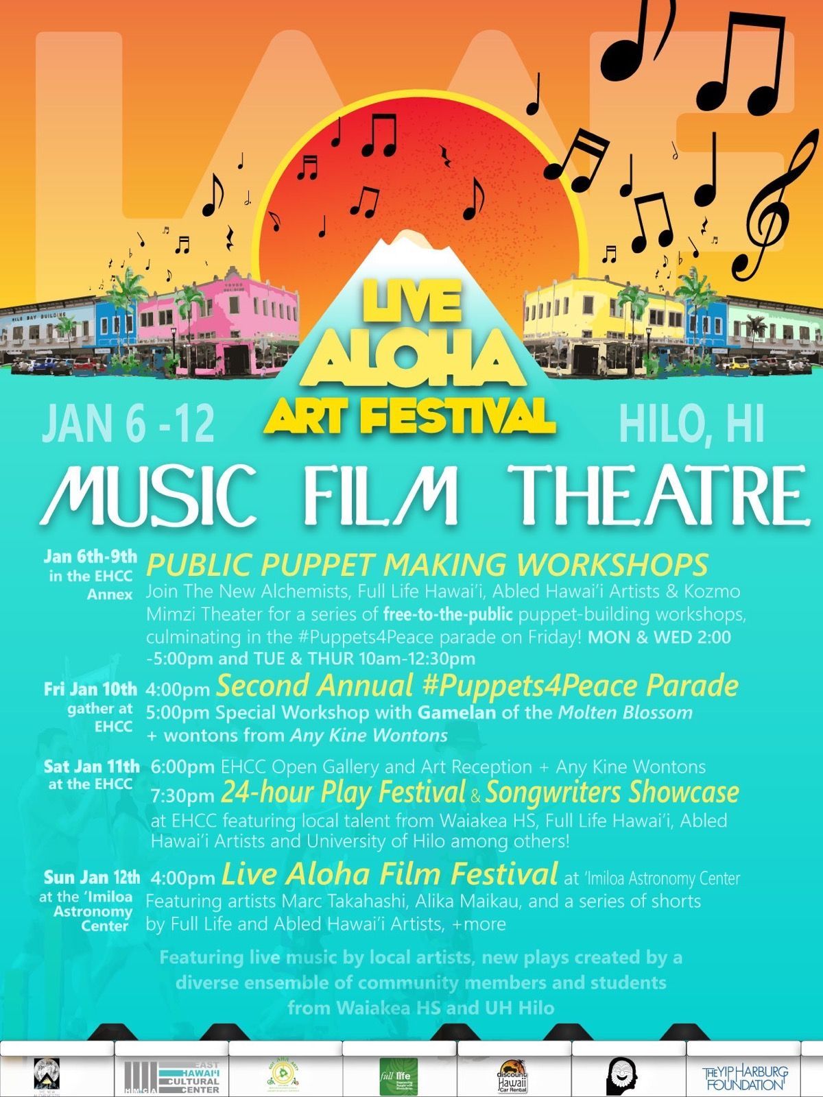 A poster for the live aloha art festival in hilo , hi
