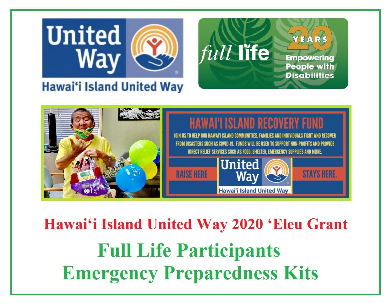 Hawaii island united way 2020 elen grant full life participants emergency preparedness kits