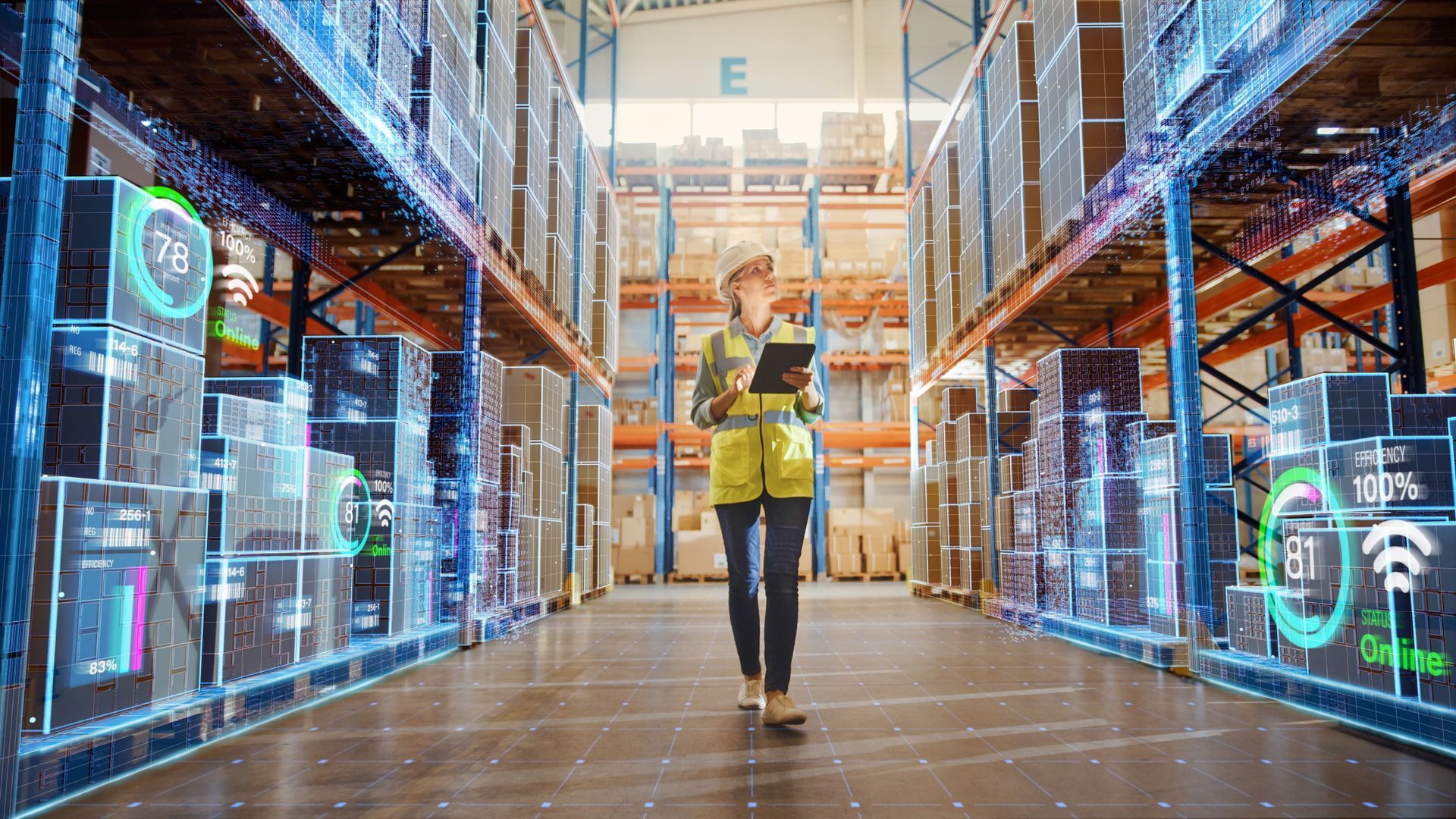 Woman in vest with tablet in warehouse aisle, data overlay on boxes. Woman in vest with tablet in warehouse aisle, data overlay on boxes.