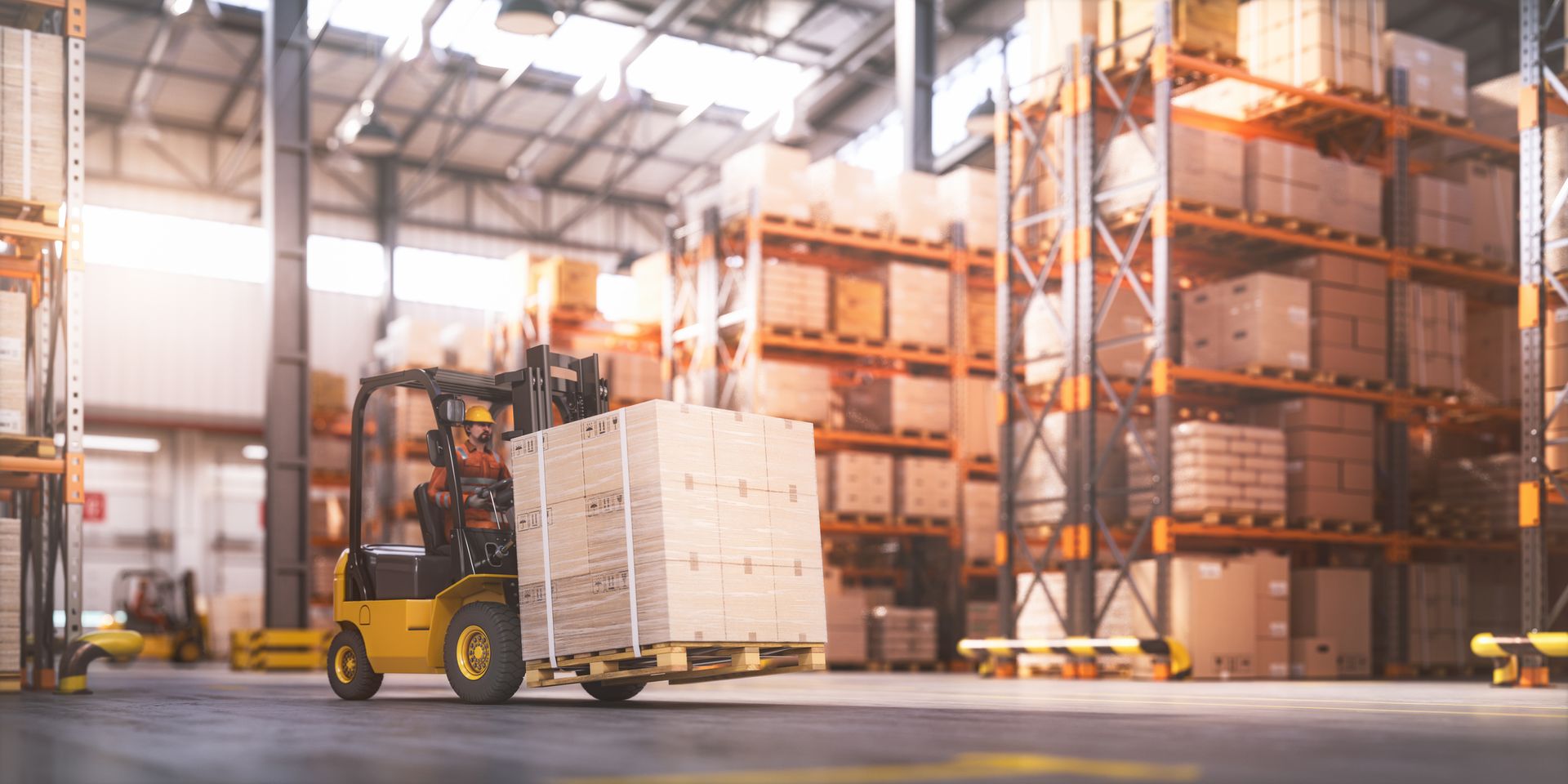 A forklift carrying a large pallet of boxes in a warehouse.
