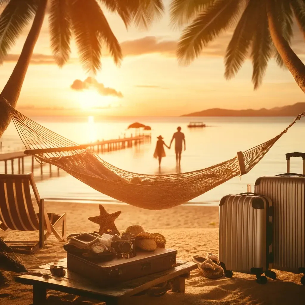 Sunset beach scene with a couple holding hands, hammock, luggage, and palm trees by the water