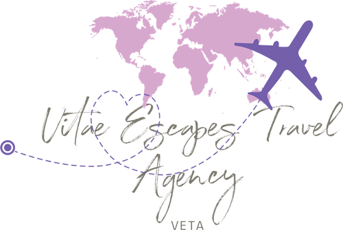Little Escapes Travel Agency logo with a purple world map, airplane, and cursive text