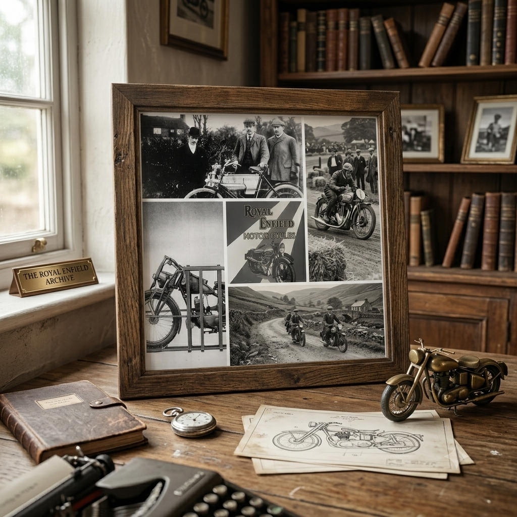 Colagem emoldurada de motocicleta vintage sobre uma mesa, ao lado de esboços.