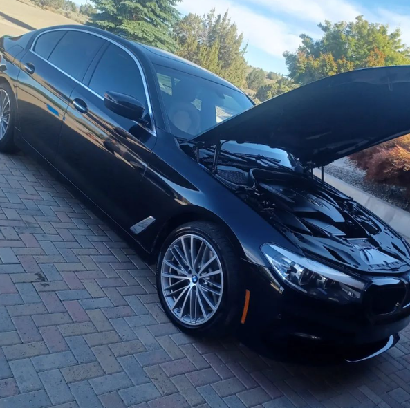 A black car with the hood up is parked on a brick driveway