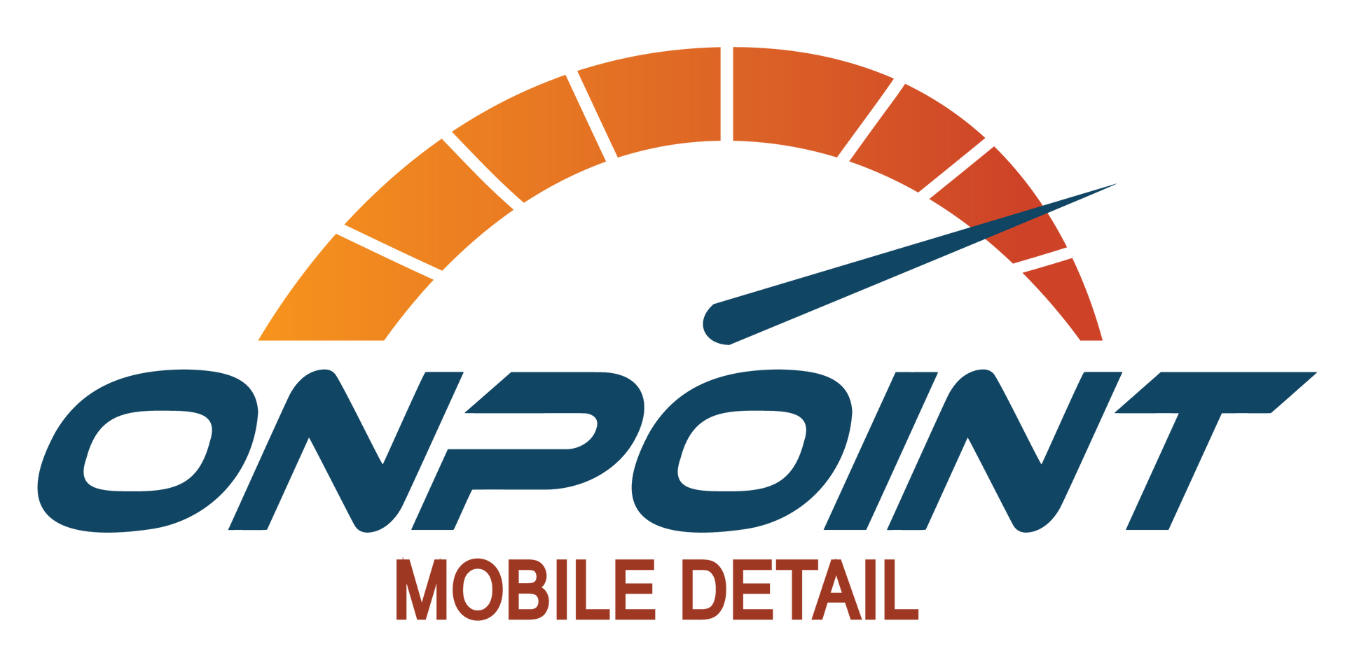 Logo for "OnPoint Mobile Detail" with a speedometer and dark blue text.
