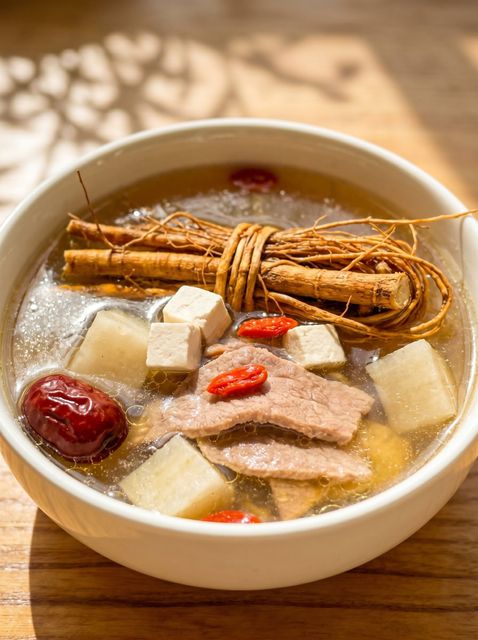 Bowl of herbal chicken soup with ginseng roots, tofu cubes, and red dates on a wooden table