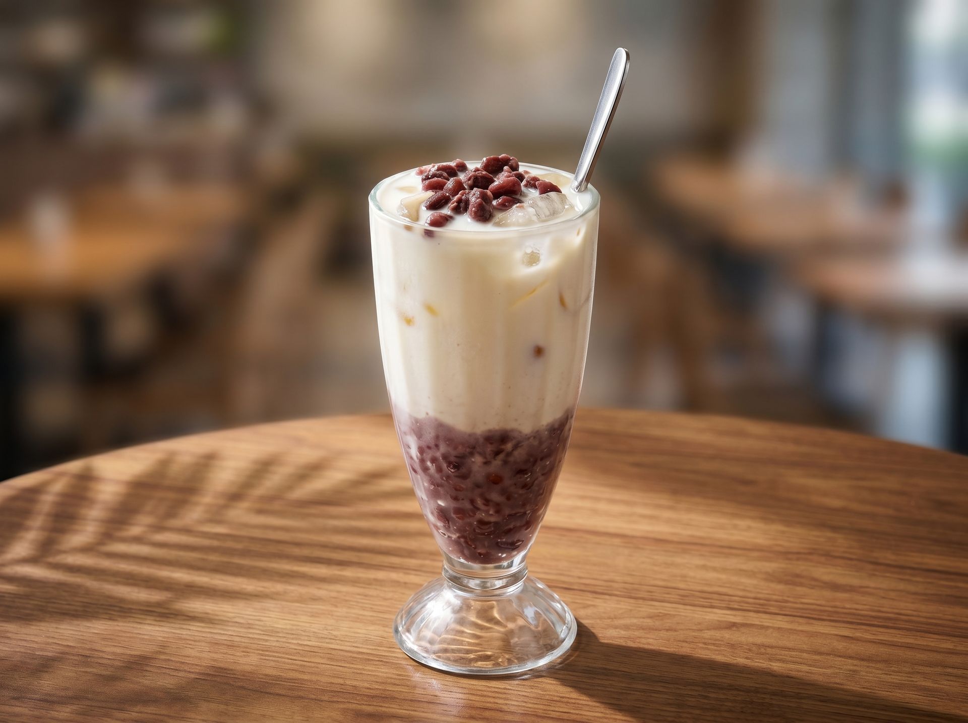 Tall layered dessert in a glass with cream, berries, and a spoon on a wooden table
