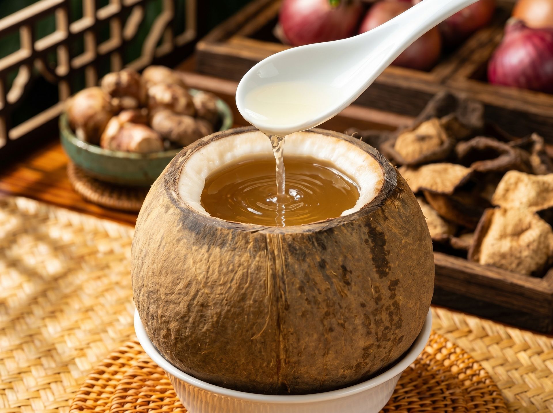 Honey being poured from a white spoon into a coconut shell cup on a woven mat.