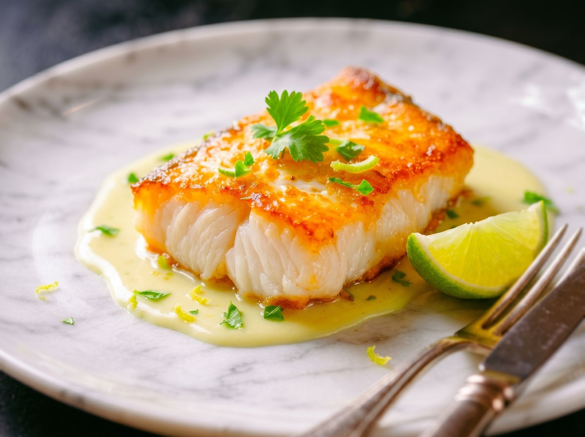 Pan-seared fish fillet with herbs, sauce, and lime wedge on a white plate