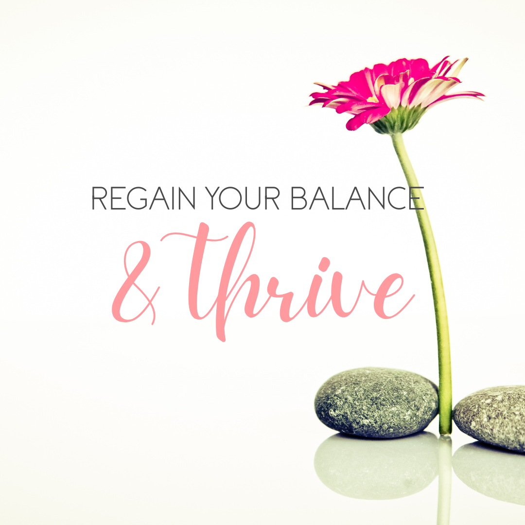 Pink flower balances on two stones with text