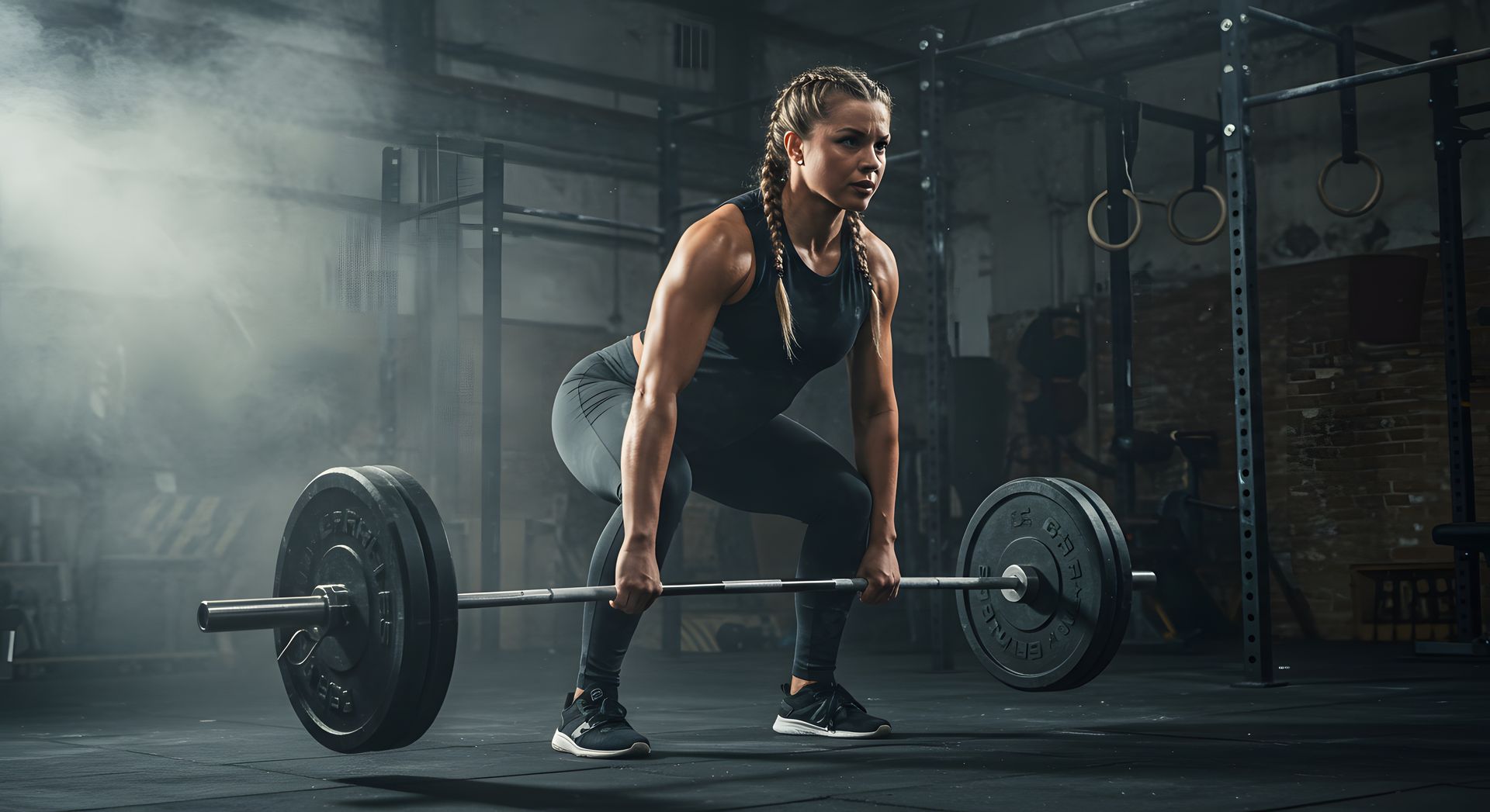 Athlete deadlifting a barbell in a smoky gym, wearing black workout gear.