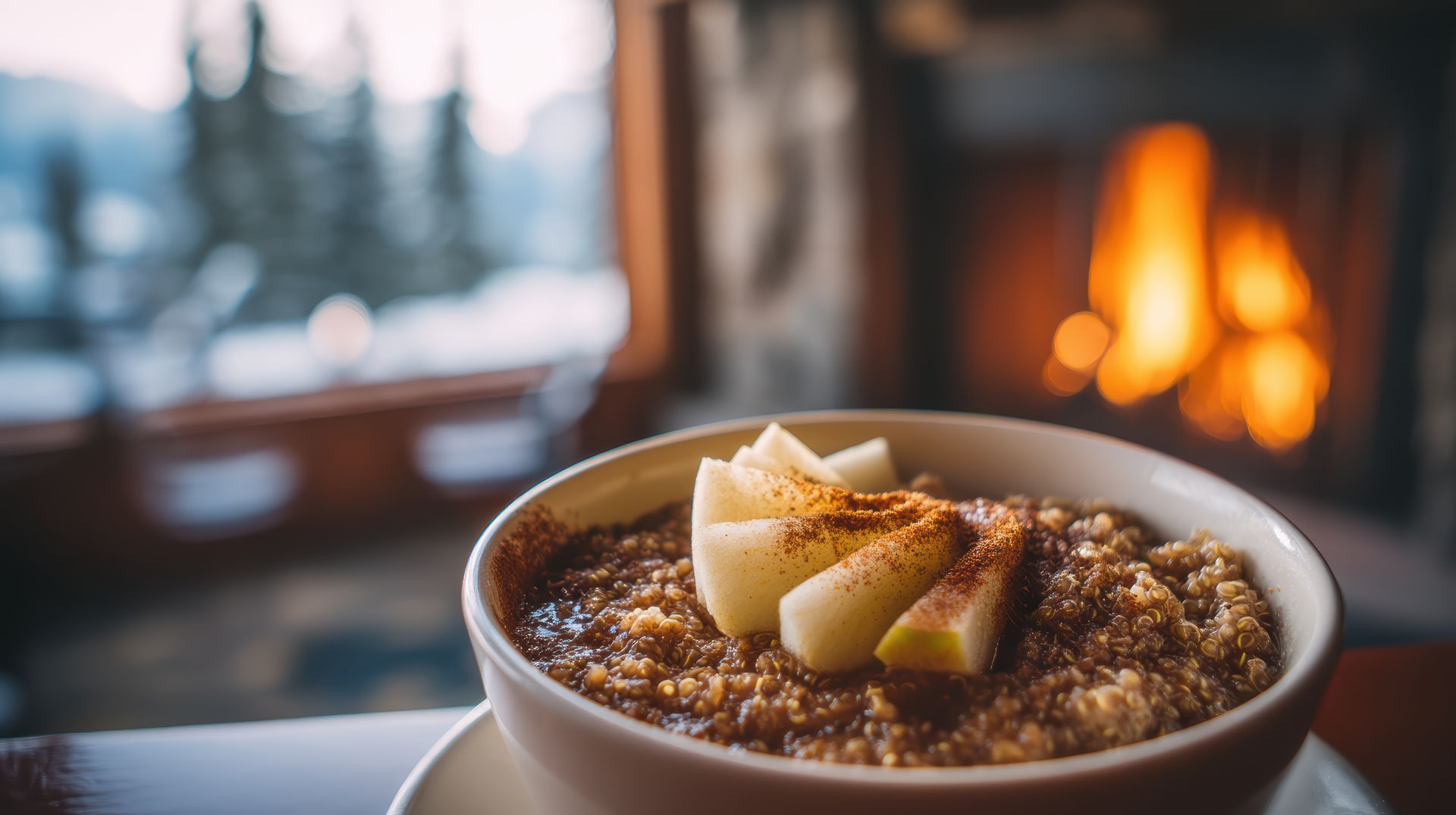 Bowl of oatmeal topped with apple slices by a fireplace, with a snowy window in the background