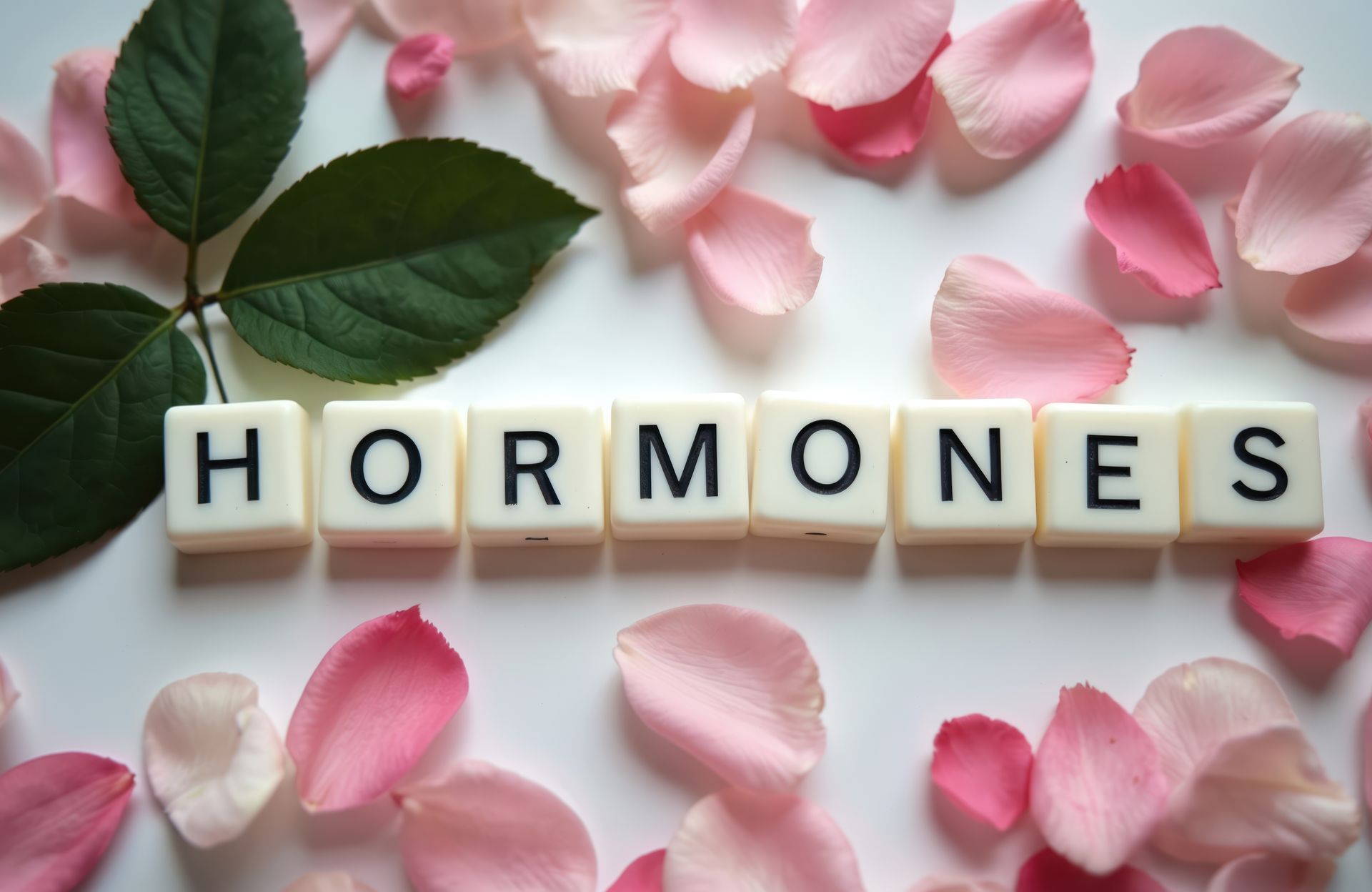 Scrabble tiles spelling “HORMONES” on a pastel floral background with pink petals and green leaves