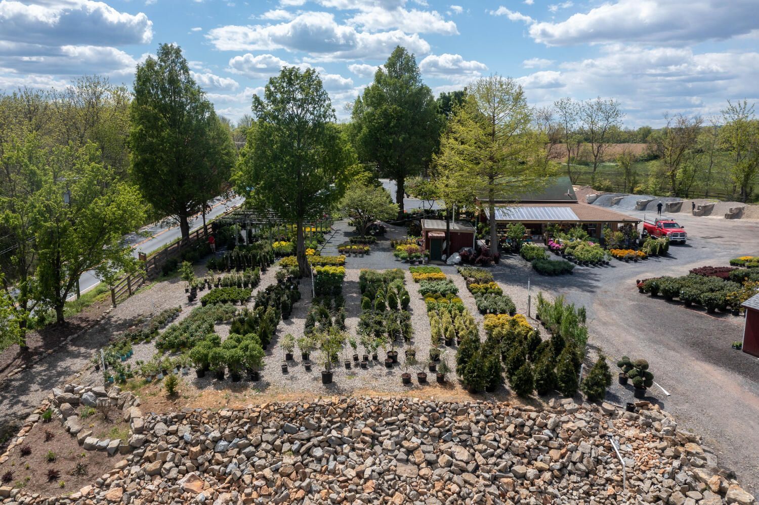 Flower and shrub nursery with rows of potted plants and trees under a partly cloudy sky