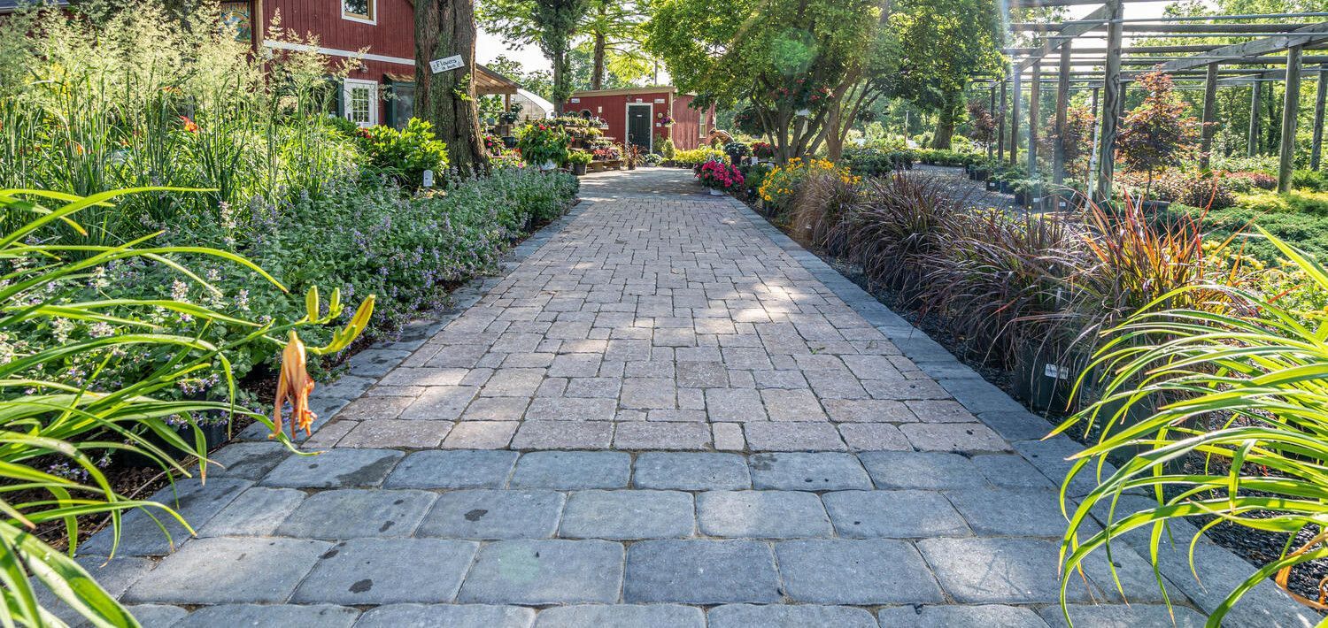 Stone garden path lined with lush greenery and flowers leading to a red house