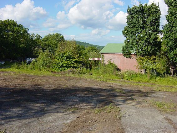 Rural dirt road beside green trees and a small building with a green roof under a cloudy sky